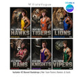 Wrestling sports card and poster template editable in Canva with realistic mascot animal backdrop layered behind the athlete and bold team name typography