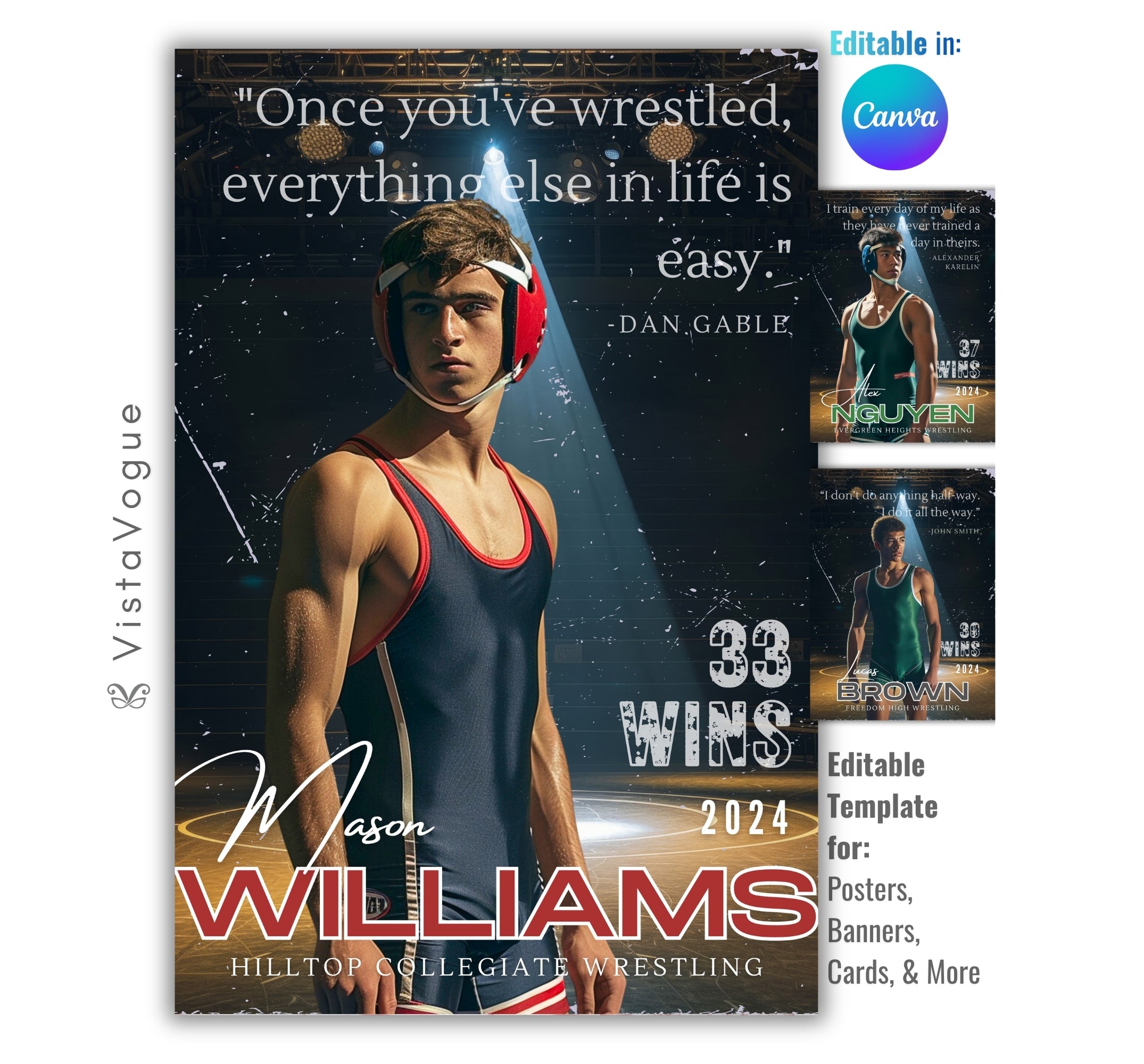 Wrestling poster template editable in Canva with dramatic mat spotlight backdrop and motivational athlete quote displayed above the athlete