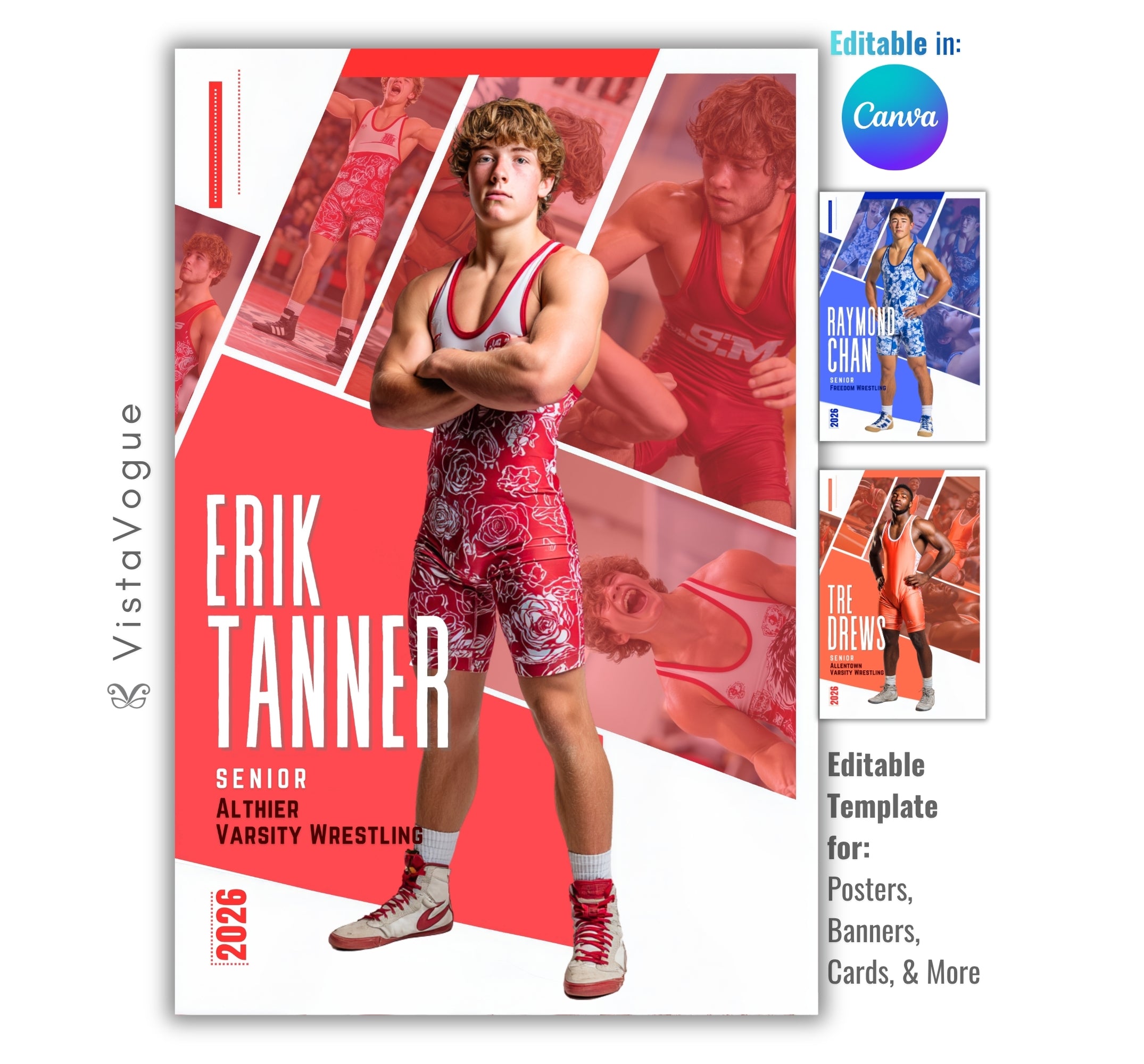 Wrestling senior night poster and player banner template editable in Canva with diagonal geometric panel layout featuring multiple action photos layered behind the full-body athlete