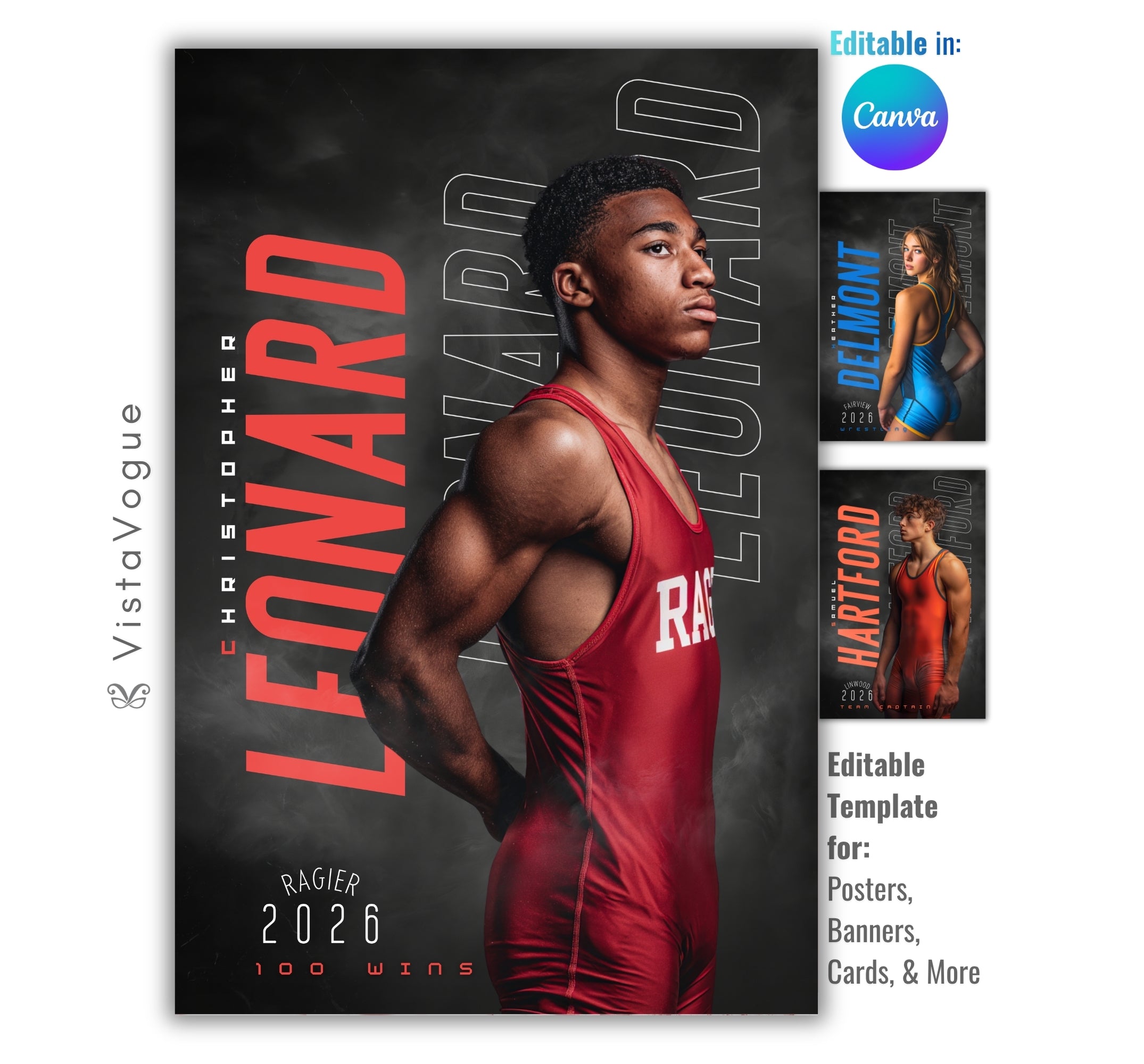 Wrestling poster template editable in Canva with smoky dark backdrop and oversized repeating surname typography layered behind the athlete