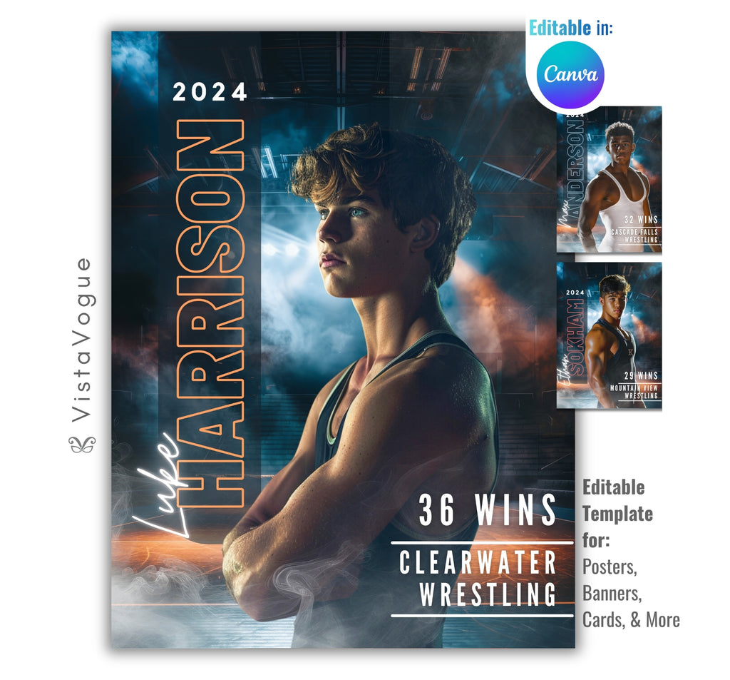 Wrestling senior night poster and player banner template editable in Canva with vertical surname typography and smoky arena backdrop behind the close-up athlete portrait with win record stats display