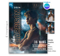 Wrestling senior night poster and player banner template editable in Canva with vertical surname typography and smoky arena backdrop behind the close-up athlete portrait with win record stats display