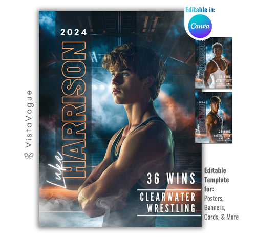 Wrestling senior night poster and player banner template editable in Canva with vertical surname typography and smoky arena backdrop behind the close-up athlete portrait with win record stats display