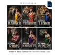 Wrestling senior night poster template for Photoshop with 42 mascot animal backdrops, bold athlete portraits, and customizable player banner layouts