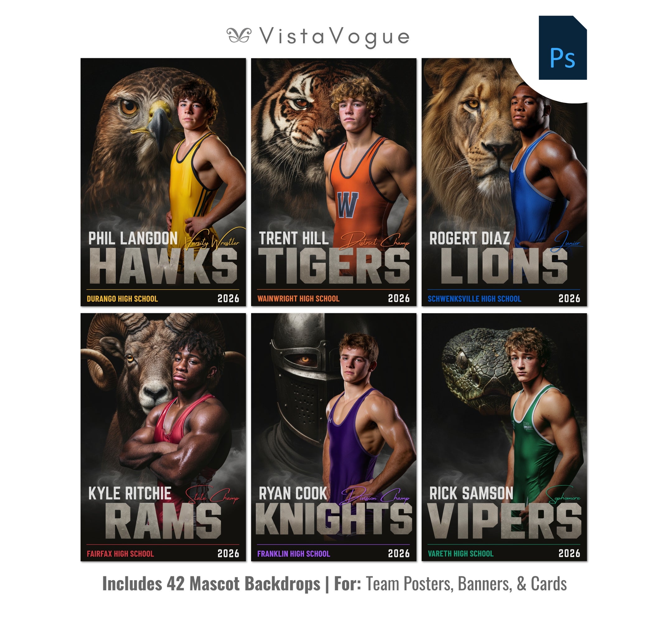 Wrestling senior night poster template for Photoshop with 42 mascot animal backdrops, bold athlete portraits, and customizable player banner layouts