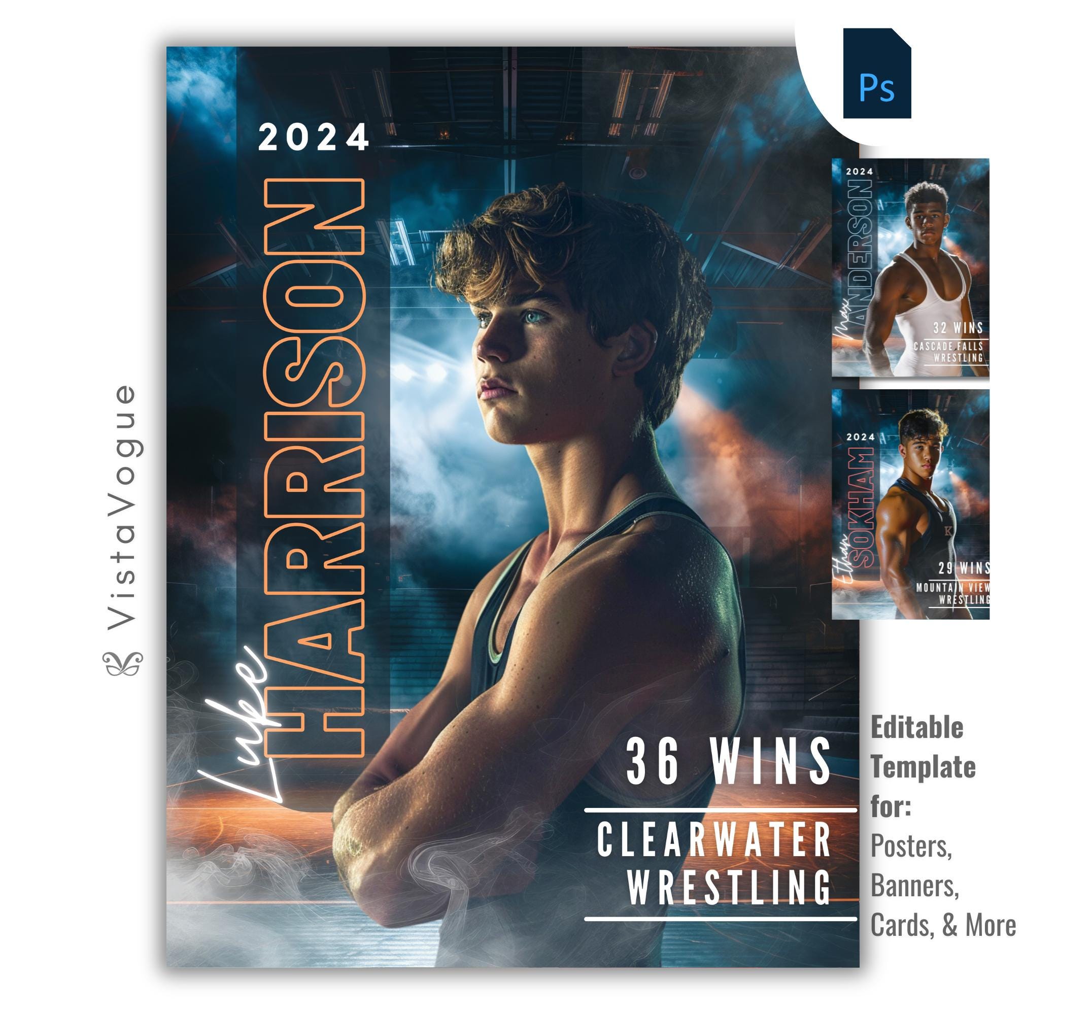 Wrestling trading card and poster template editable in Photoshop with glowing arena spotlight backdrop, vertical surname typography, and win record displayed alongside the athlete