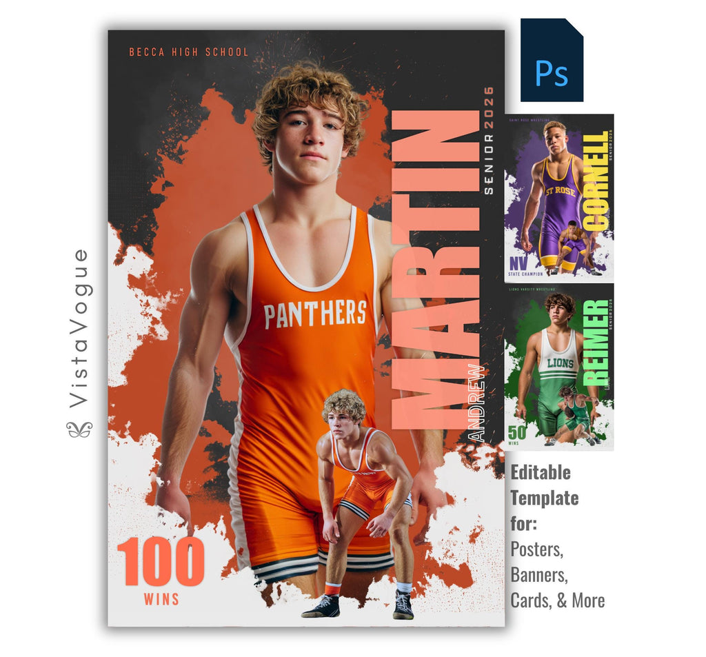 Wrestling senior night poster and player banner template editable in Photoshop with dual photo layout over a paint splatter grunge backdrop and win record stats display