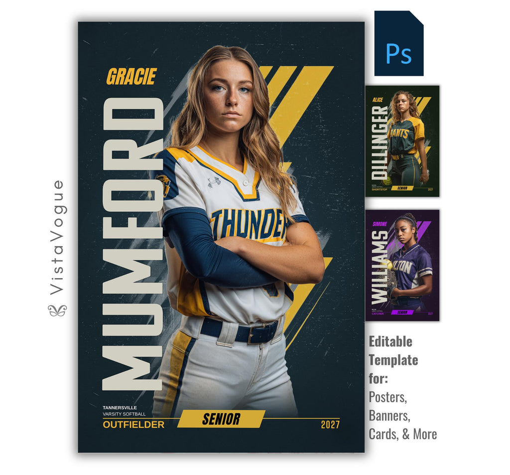 Editable softball banner Photoshop template featuring a softball player poster design with bold vertical typography and modern sports graphics.