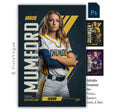 Editable softball banner Photoshop template featuring a softball player poster design with bold vertical typography and modern sports graphics.