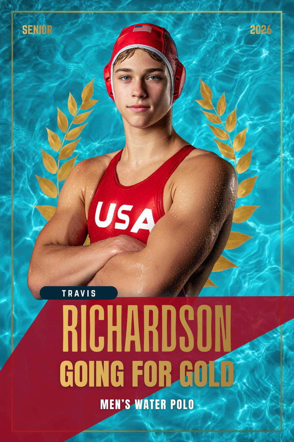 Golden Laurel Swimming Poster Template | Editable in Canva | 2:3