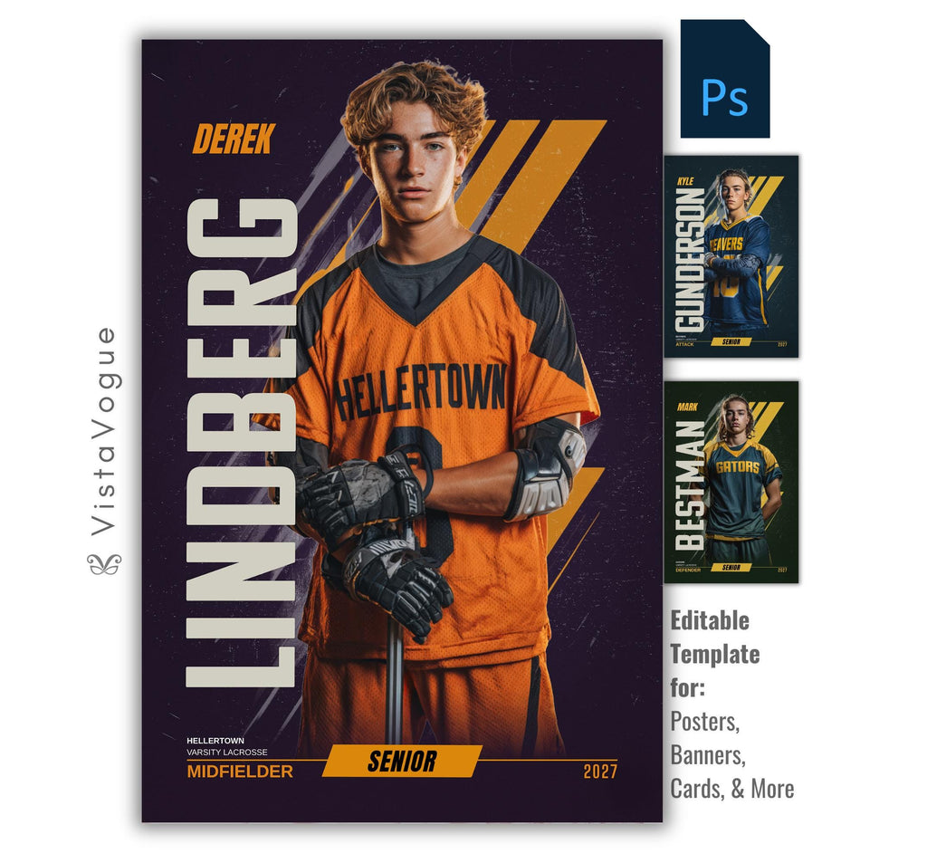 Editable lacrosse poster Photoshop template featuring a lacrosse player poster design with bold vertical typography and modern sports graphics.