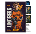 Editable lacrosse poster Photoshop template featuring a lacrosse player poster design with bold vertical typography and modern sports graphics.