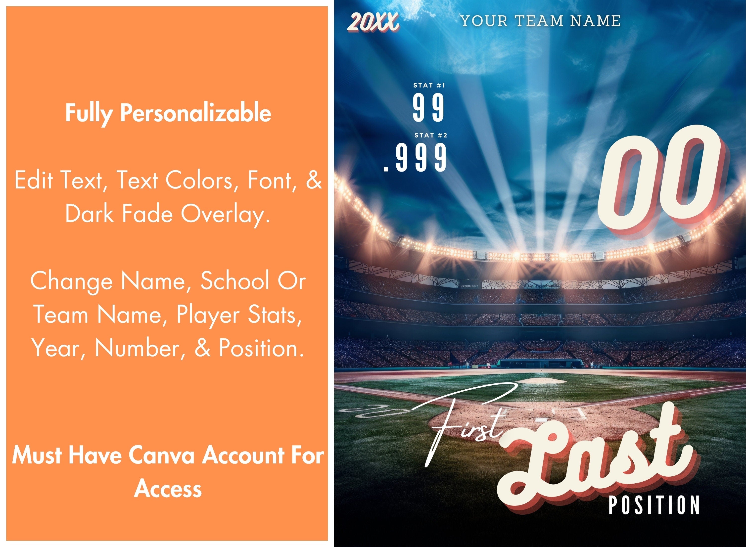 Bright Stadium Lights Baseball Poster Template | Editable in Canva | 3:4