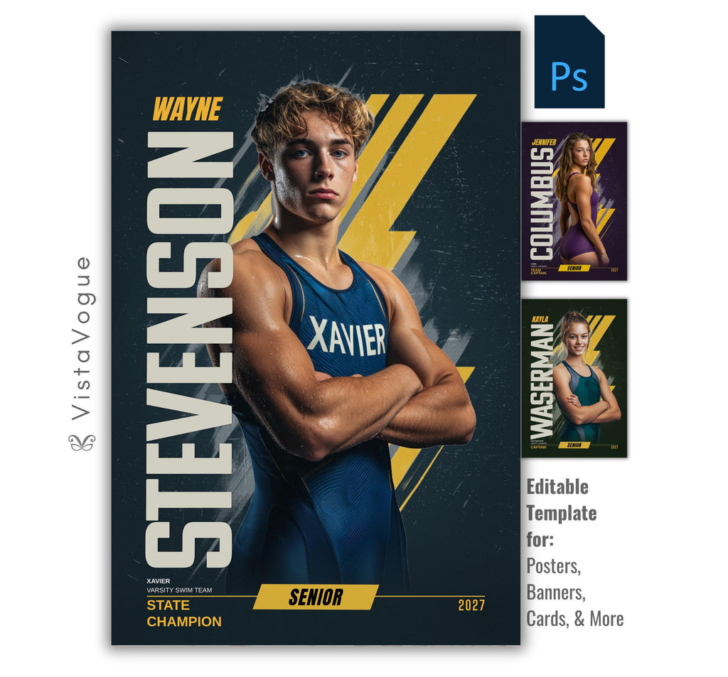 Editable swimming poster Photoshop template featuring a swimmer poster design with bold vertical typography and modern sports graphics.