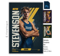 Editable swimming poster Photoshop template featuring a swimmer poster design with bold vertical typography and modern sports graphics.