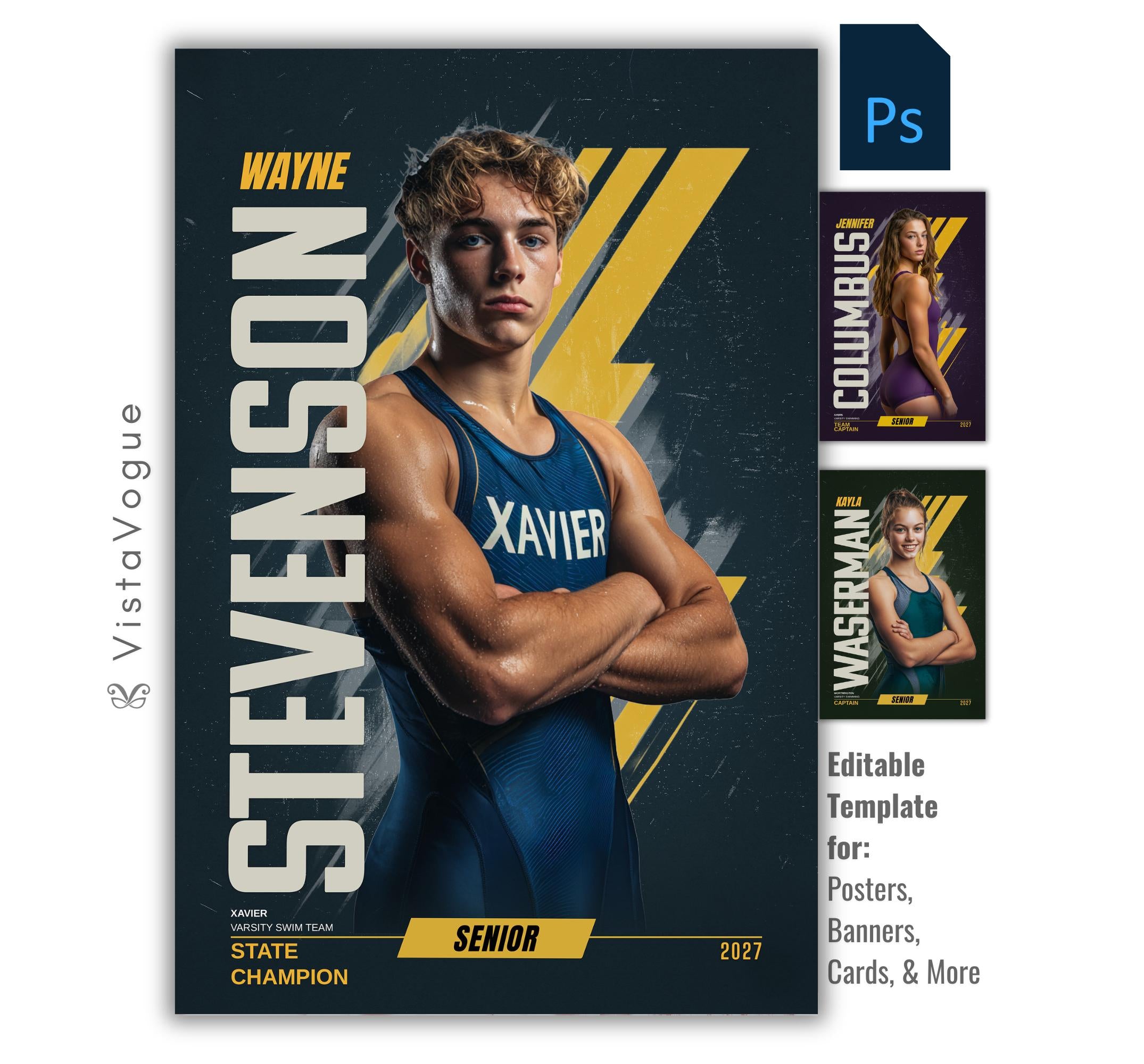 Editable swimming poster Photoshop template featuring a swimmer poster design with bold vertical typography and modern sports graphics.