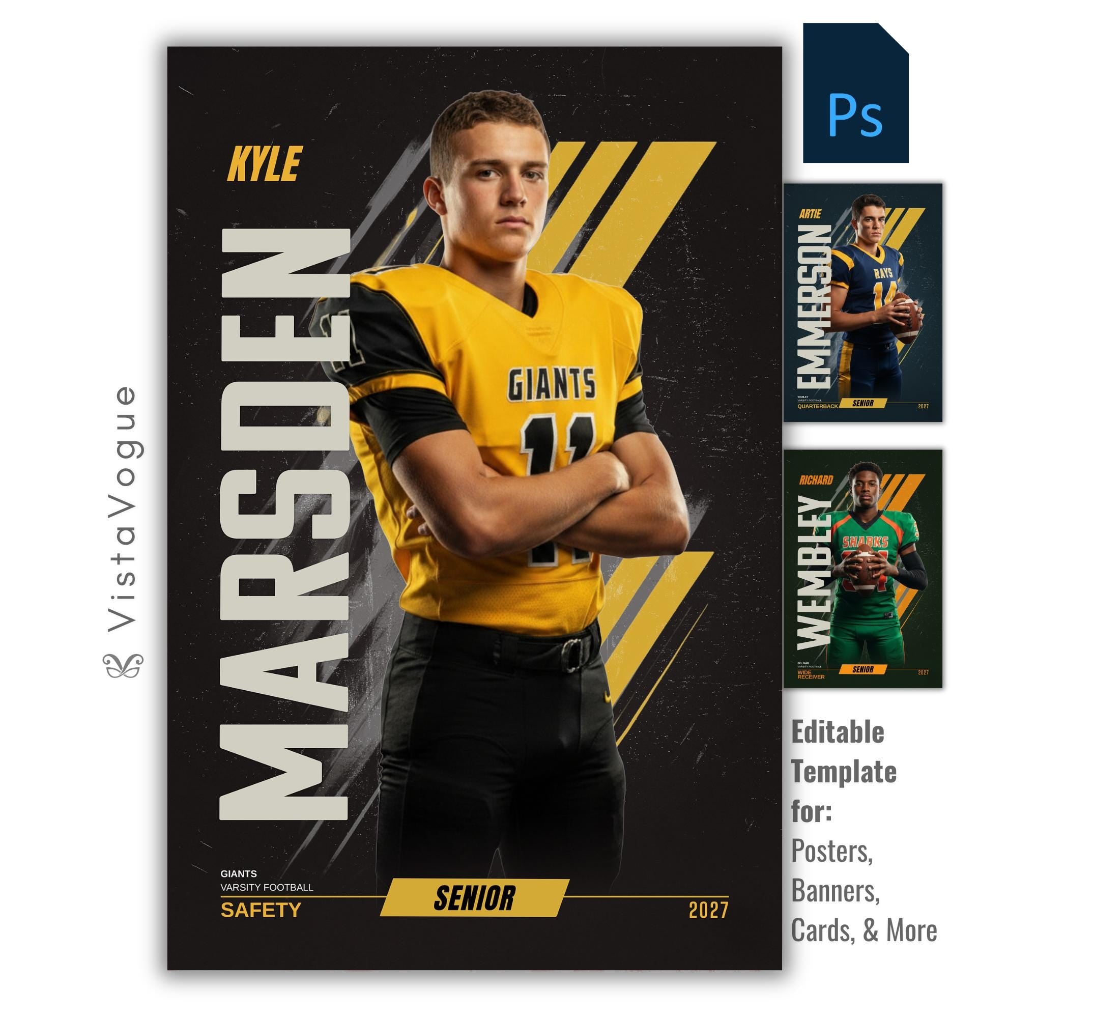Editable football poster Photoshop template featuring a football player poster design with bold vertical typography and modern sports graphics.