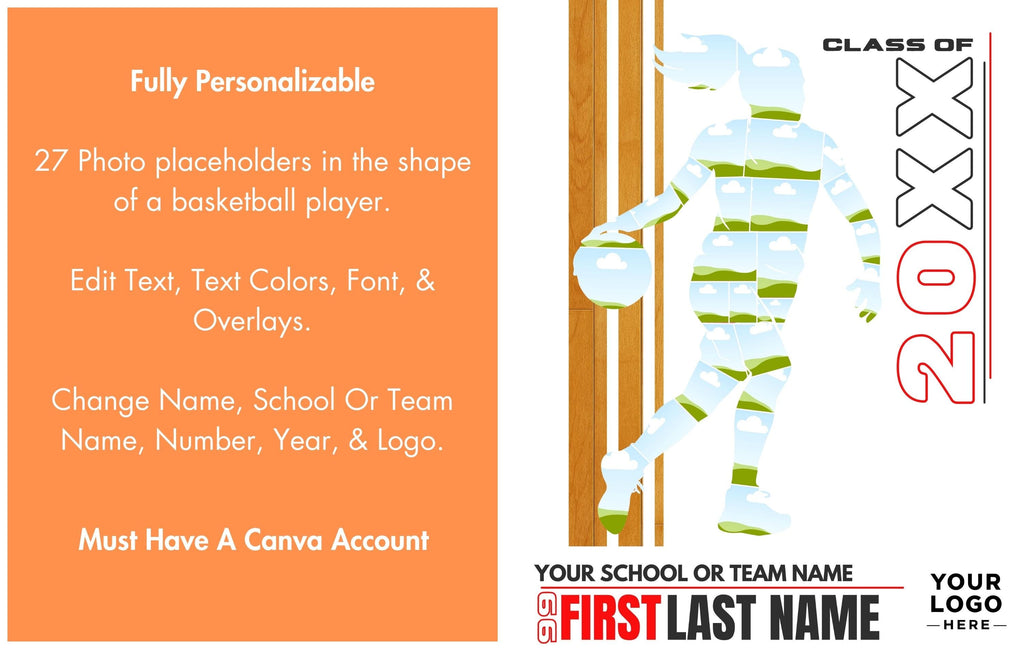 Girls Basketball Collage Poster Template | Editable in Canva | 4:5 | Silhouette Style