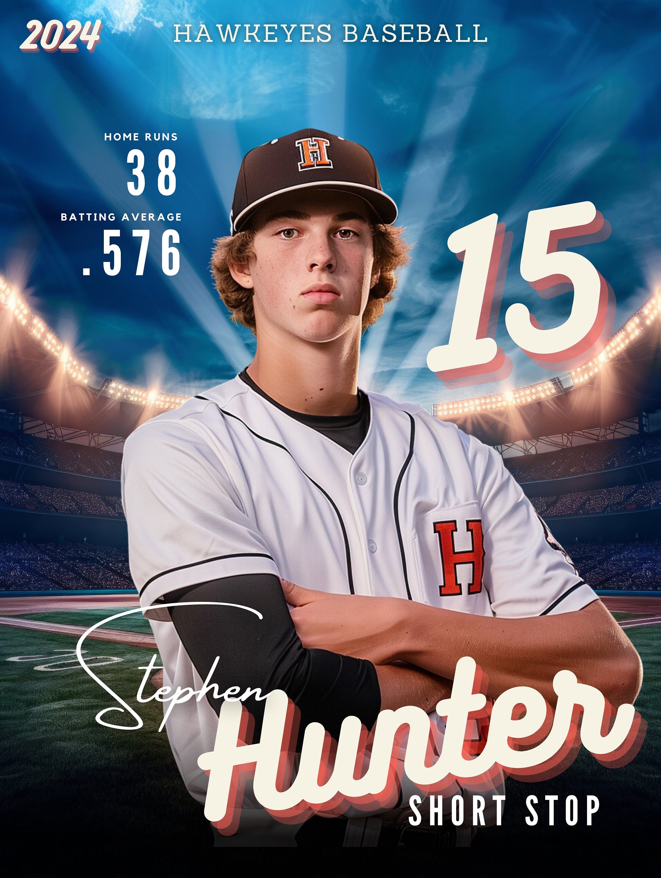 Bright Stadium Lights Baseball Poster Template | Editable in Canva | 3:4