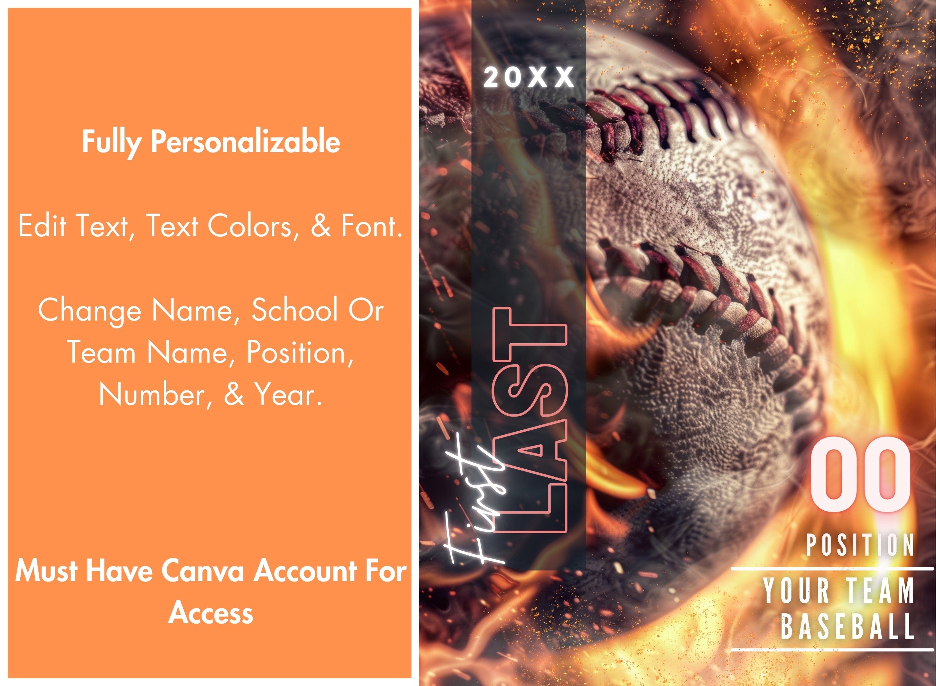 Baseball Poster Template | Editable in Canva | 3:4 | Fiery Baseball Senior Banner, Player Poster, Memory Mate, Sports Card