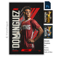 Editable soccer banner Photoshop template featuring a soccer player poster design with bold vertical typography and modern sports graphics.