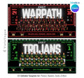 Editable team banner Canva template featuring a scoreboard-inspired sports design with illuminated graphics, customizable team statistics, and space for large team photos.