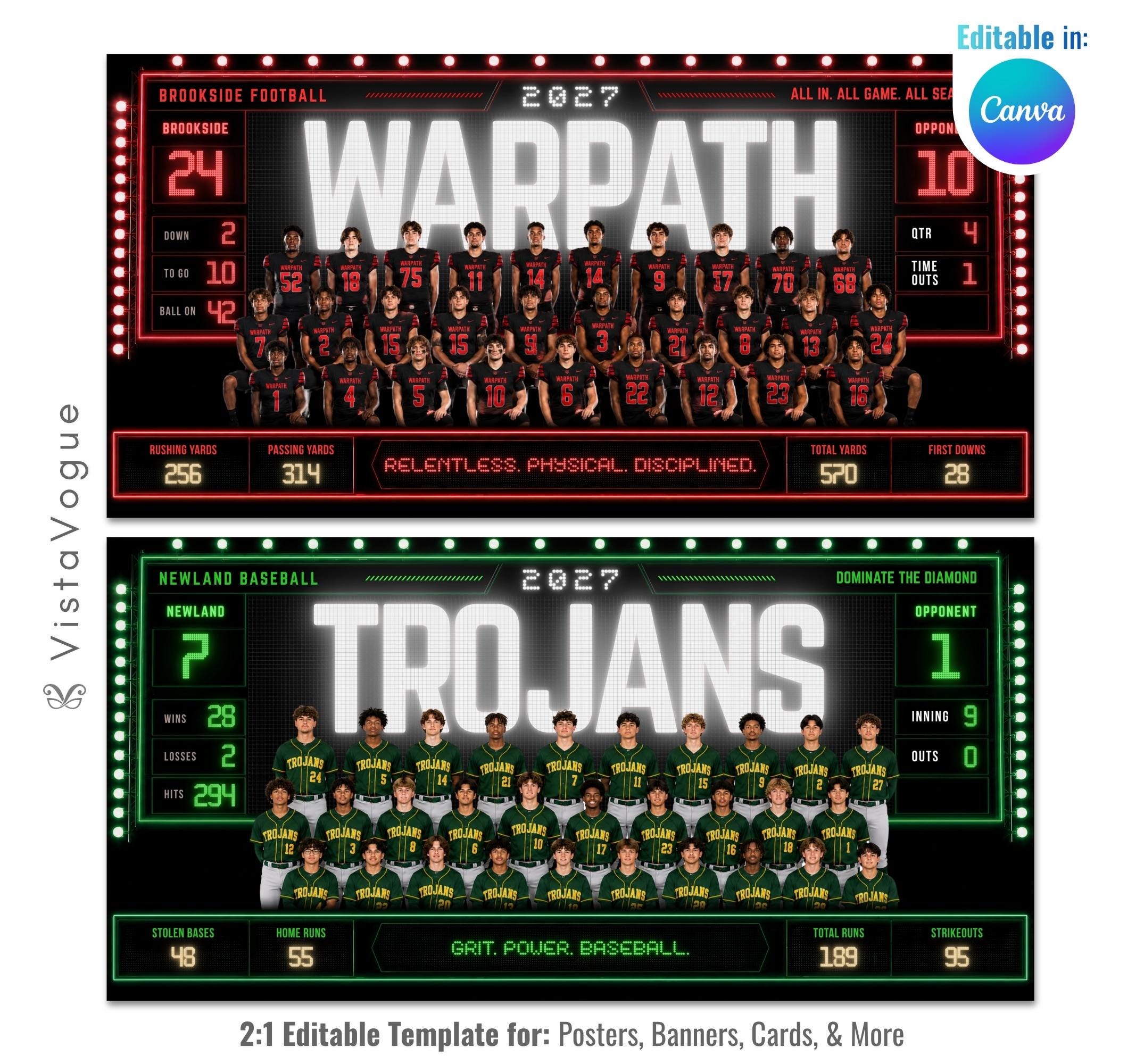 Editable team banner Canva template featuring a scoreboard-inspired sports design with illuminated graphics, customizable team statistics, and space for large team photos.