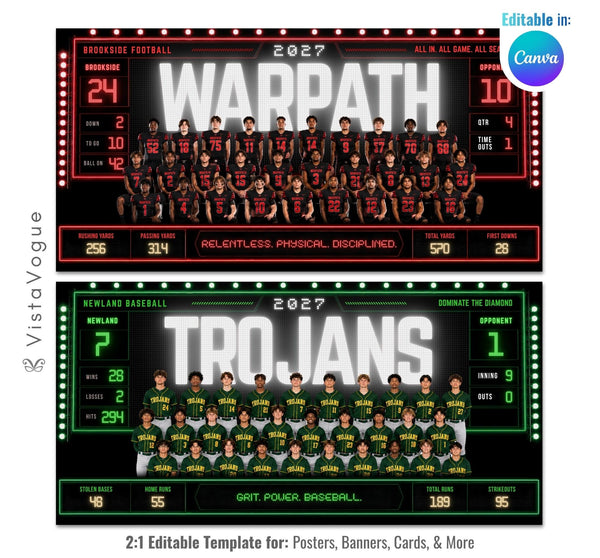 Editable team banner Canva template featuring a scoreboard-inspired sports design with illuminated graphics, customizable team statistics, and space for large team photos.