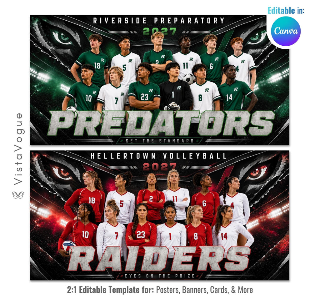 Editable sports team banner Canva template featuring predator-eye graphics, custom mascot typography, championship-inspired sports design, and a large team photo layout.