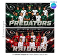 Editable sports team banner Canva template featuring predator-eye graphics, custom mascot typography, championship-inspired sports design, and a large team photo layout.