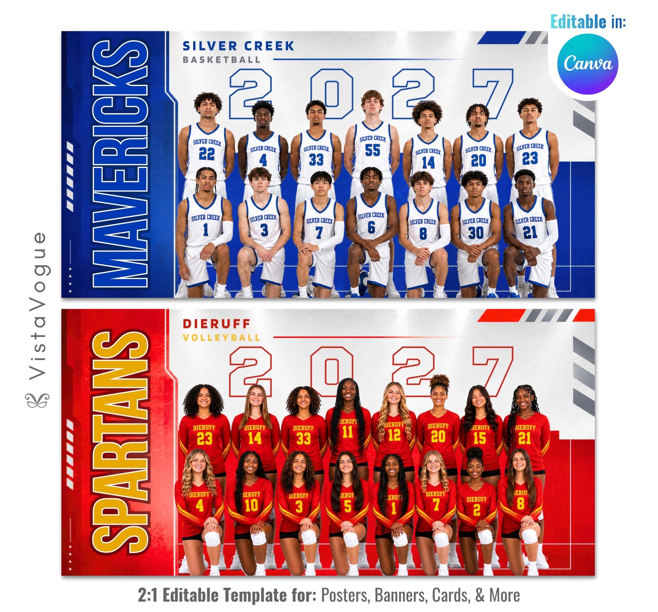 Editable sports team banner Canva template featuring bold vertical mascot branding, oversized year graphics, customizable team colors, and a modern team photo layout.