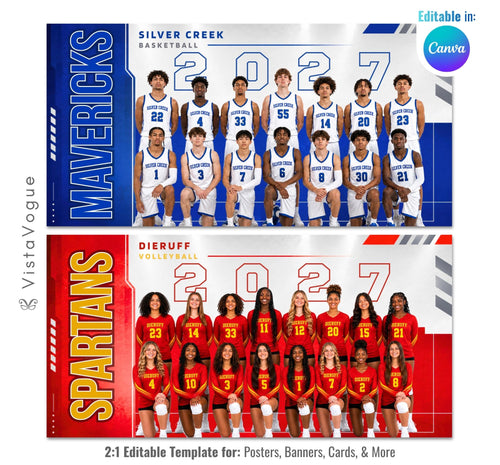 Editable sports team banner Canva template featuring bold vertical mascot branding, oversized year graphics, customizable team colors, and a modern team photo layout.