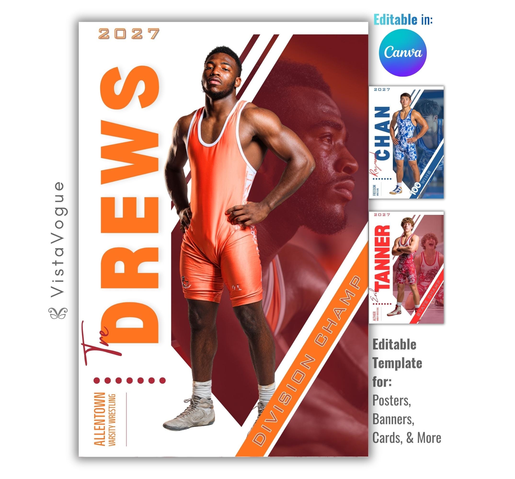Editable wrestling poster Canva template featuring a wrestler spotlight design with editorial-style typography, layered athlete photography, and modern geometric graphics.
