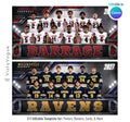 Editable sports team banner Canva template featuring industrial metallic graphics, oversized mascot typography, customizable team colors, and a large team photo layout.