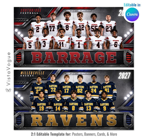 Editable sports team banner Canva template featuring industrial metallic graphics, oversized mascot typography, customizable team colors, and a large team photo layout.