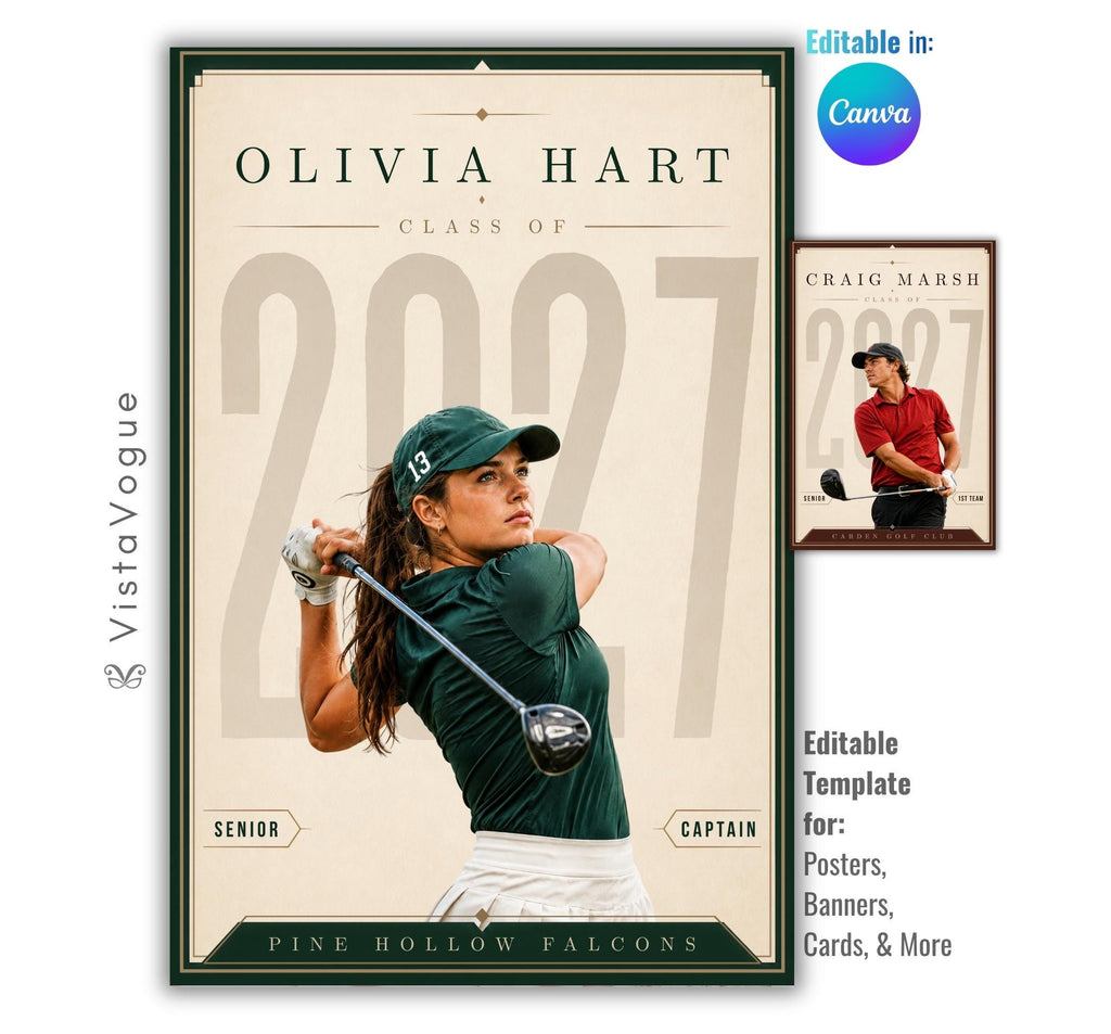 Editable golf poster Canva template featuring a minimalist framed design, elegant typography, oversized graduation year, customizable player information, and premium athlete recognition layout.