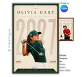Editable golf poster Canva template featuring a minimalist framed design, elegant typography, oversized graduation year, customizable player information, and premium athlete recognition layout.