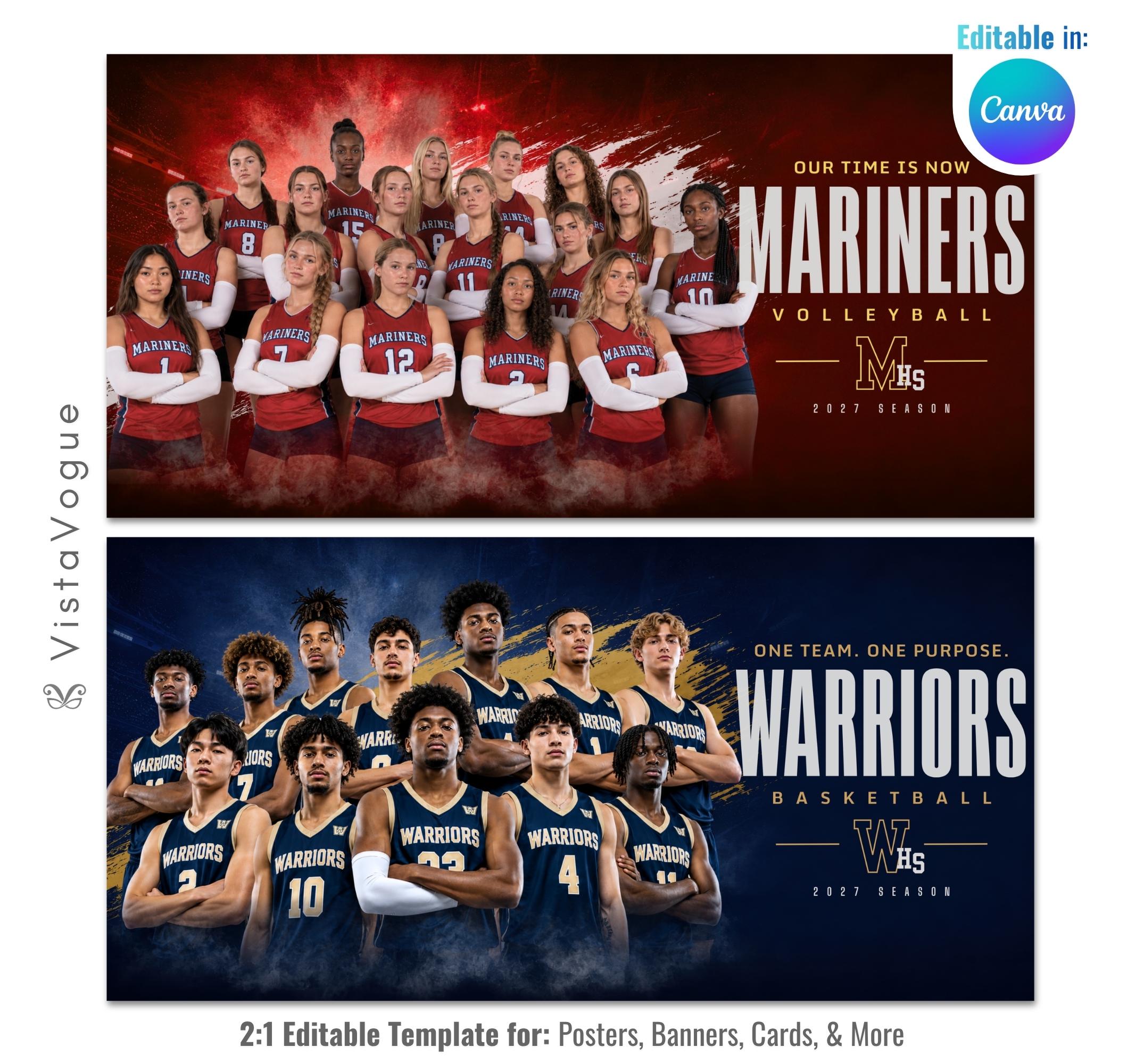 Editable sports banner Canva template featuring a bold brushstroke design, customizable team information, modern typography, textured background, and panoramic 2:1 layout.