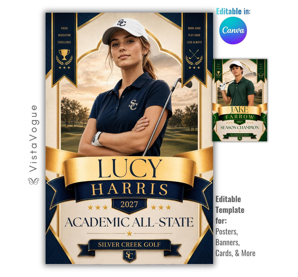 Editable golf poster Canva template featuring elegant gold championship graphics, hanging banners, customizable player information, and premium senior recognition design.