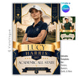 Editable golf poster Canva template featuring elegant gold championship graphics, hanging banners, customizable player information, and premium senior recognition design.