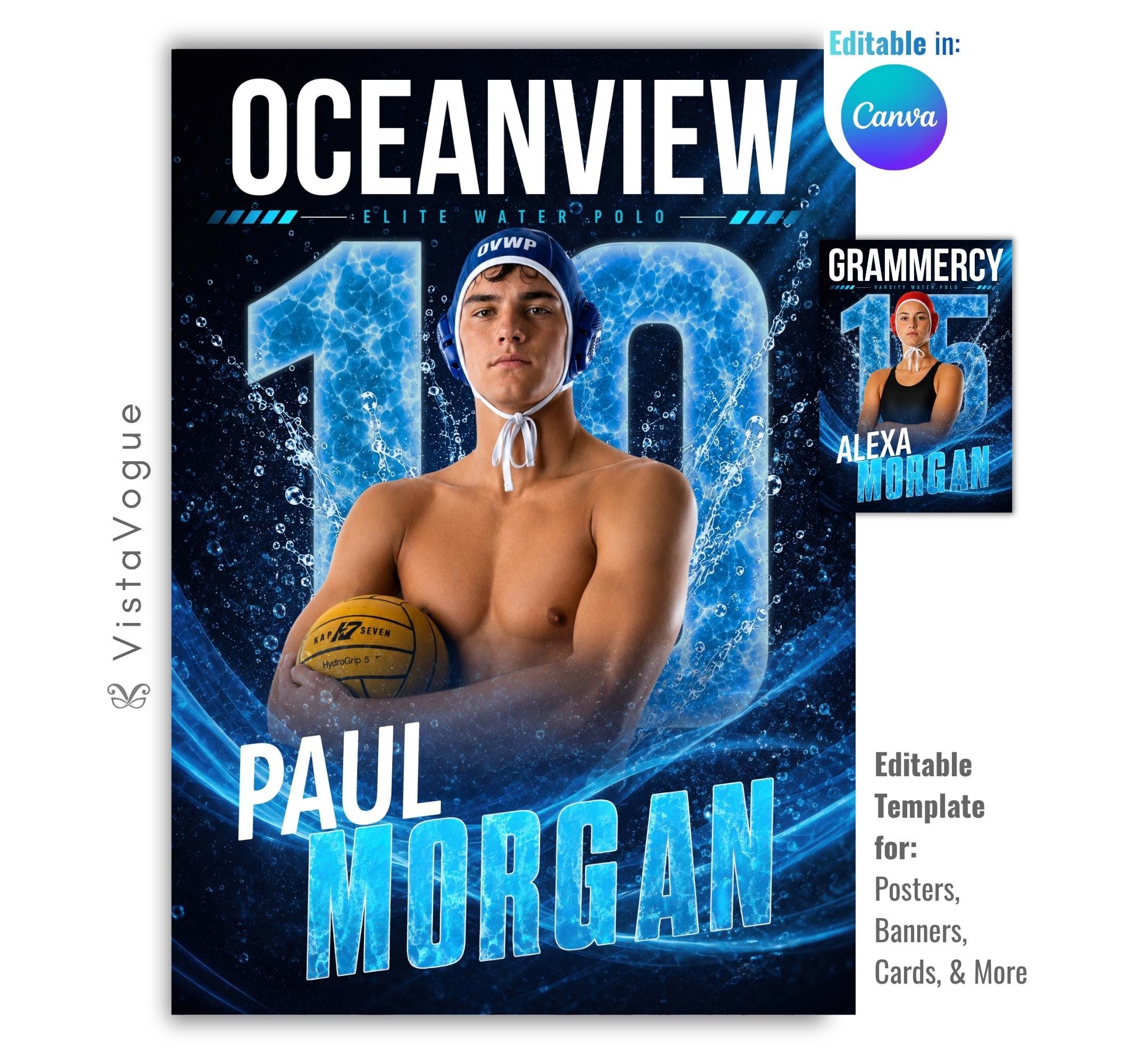 Editable water polo poster Canva template featuring dynamic water splash effects, oversized jersey number, customizable player information, and a modern 5:7 athlete recognition design.