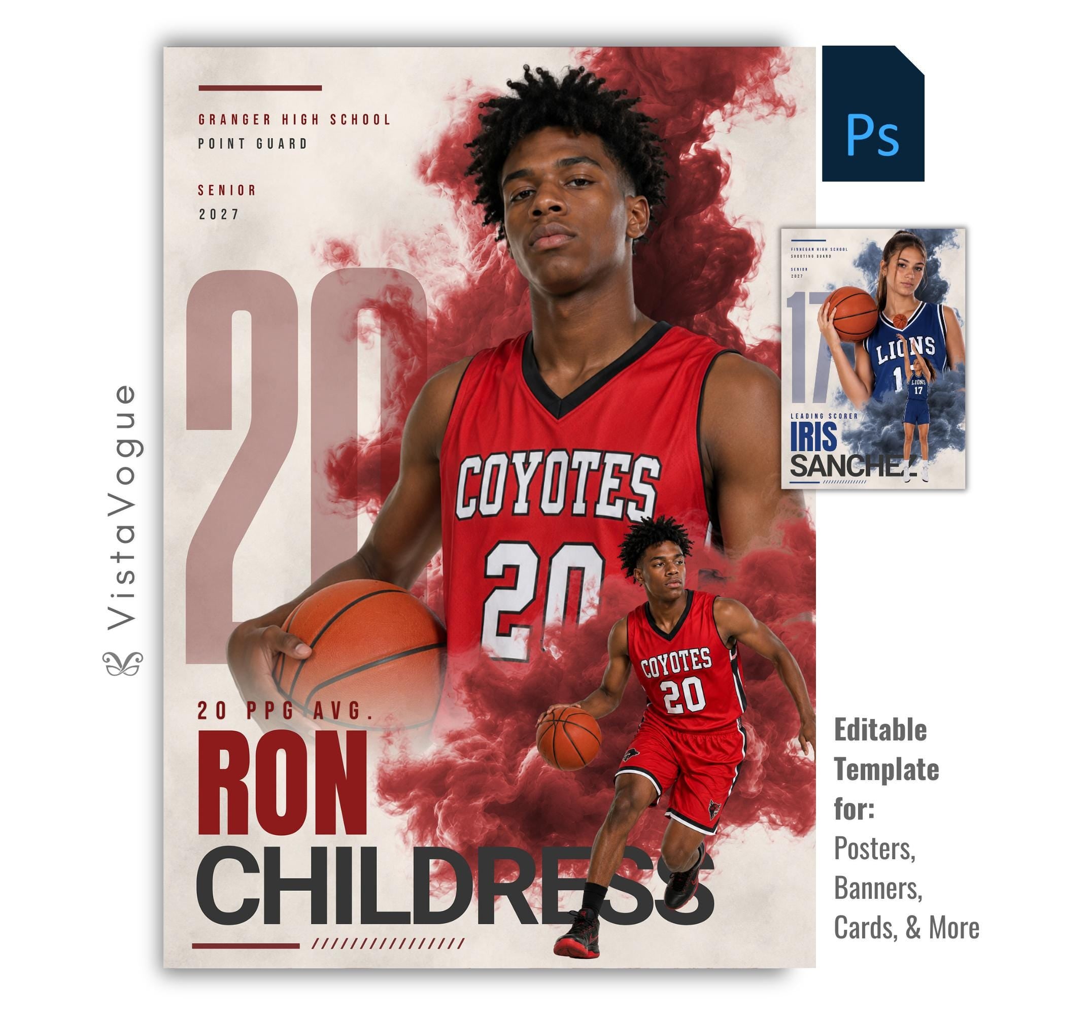 Editable basketball poster Photoshop template featuring dynamic smoke effects, oversized jersey number, customizable player information, and a modern 5:7 athlete recognition design.