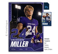 Editable football poster Photoshop template featuring a geometric oversized jersey number, layered player composition, customizable athlete information, and modern 5:7 sports design.