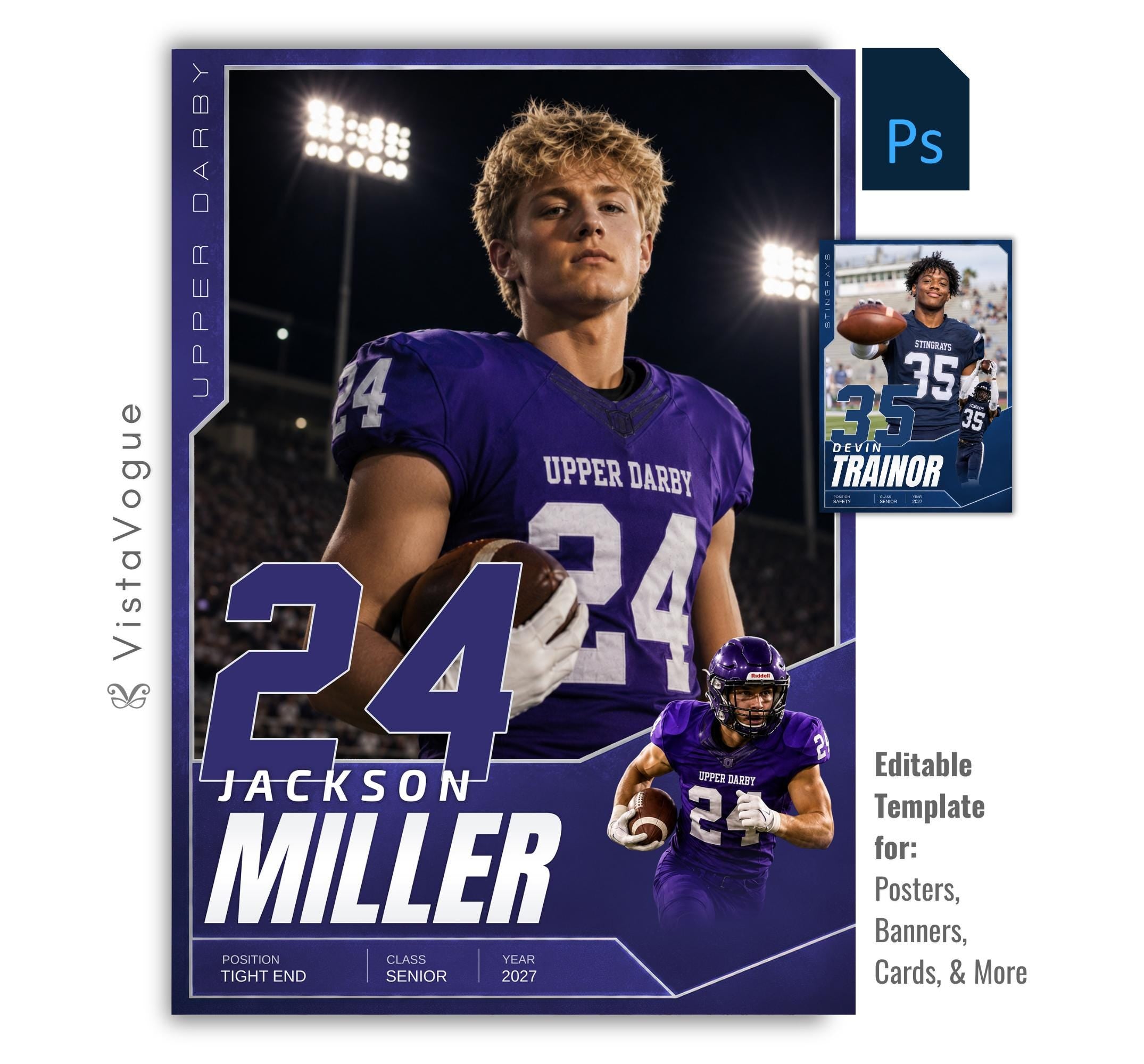 Editable football poster Photoshop template featuring a geometric oversized jersey number, layered player composition, customizable athlete information, and modern 5:7 sports design.