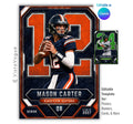 Football trading card Canva template featuring a customizable player card with oversized jersey number, editable text, and modern sports design.