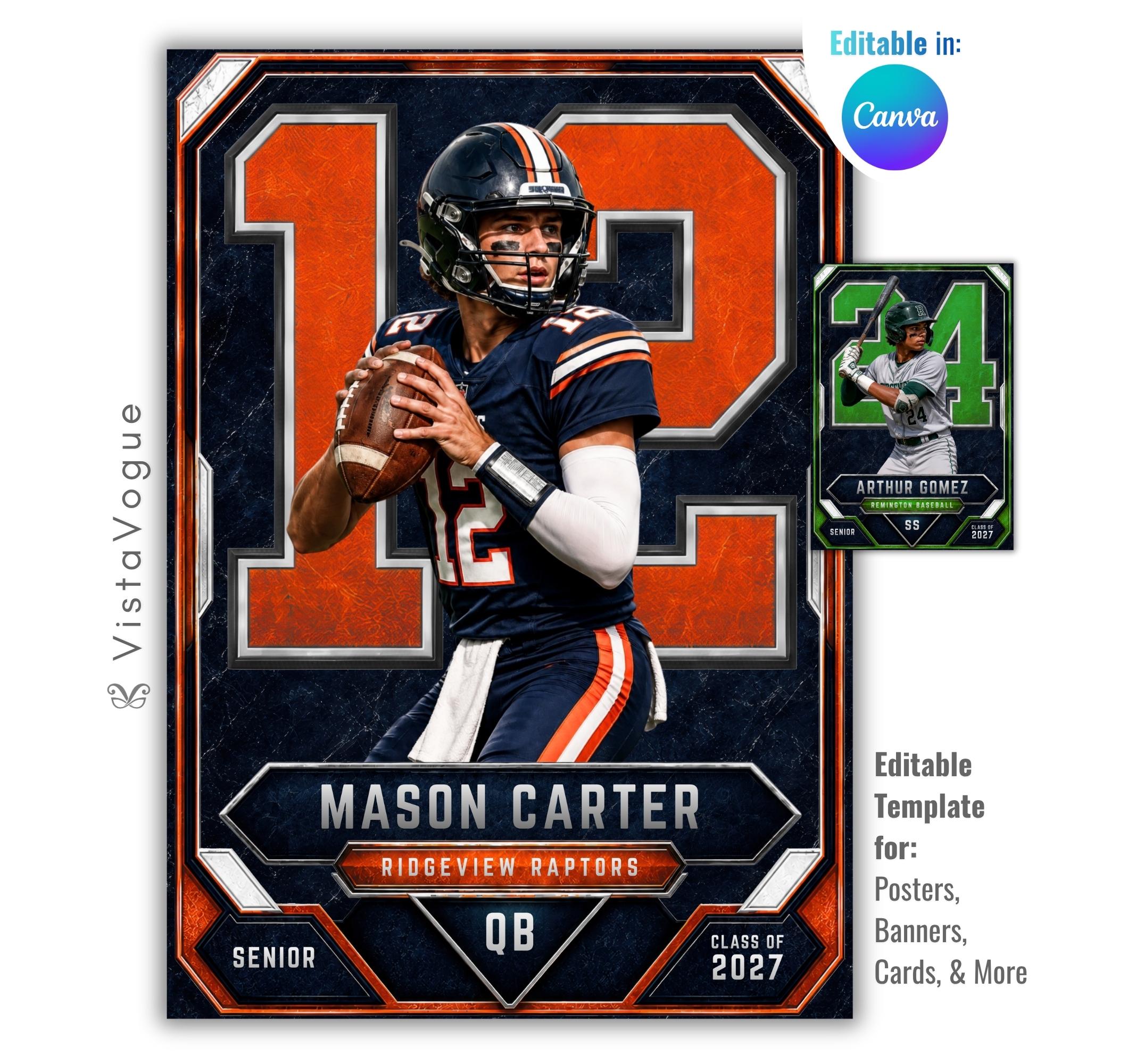 Football trading card Canva template featuring a customizable player card with oversized jersey number, editable text, and modern sports design.