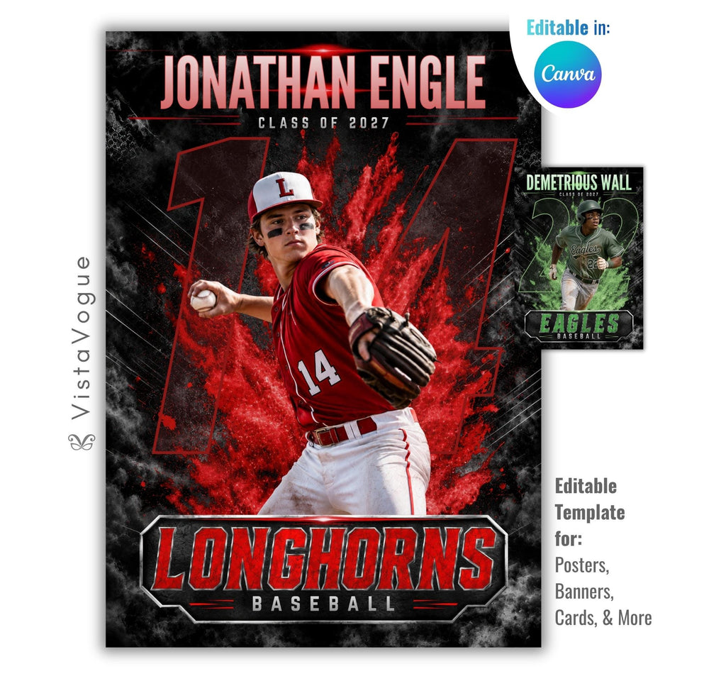 Baseball trading card Canva template featuring a customizable player card with oversized jersey number, editable text, and bold modern sports design.