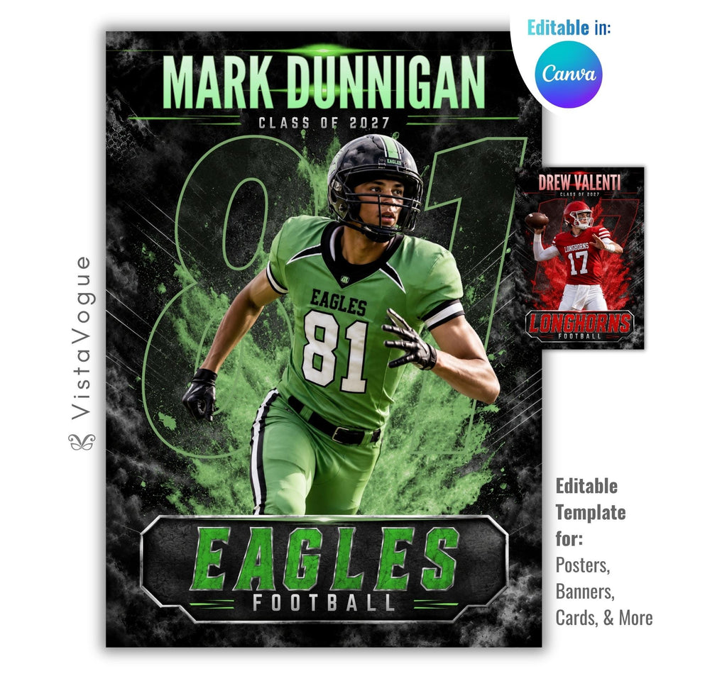 Football player card Canva template with oversized jersey number, smoky textured background, editable text, and premium sports trading card layout.