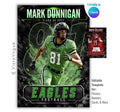 Football player card Canva template with oversized jersey number, smoky textured background, editable text, and premium sports trading card layout.