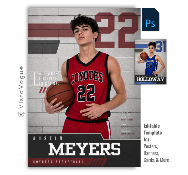 Editable basketball poster Photoshop template featuring a textured gym wall background, oversized jersey number, varsity-inspired graphics, customizable player information, and a modern 5:7 sports design.